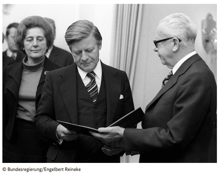 The German Federal President Gustav Heinemann gives Helmut Schmidt the certificate of appointment as German Chancellor in 1974. What is one of the tasks of the German Federal President?